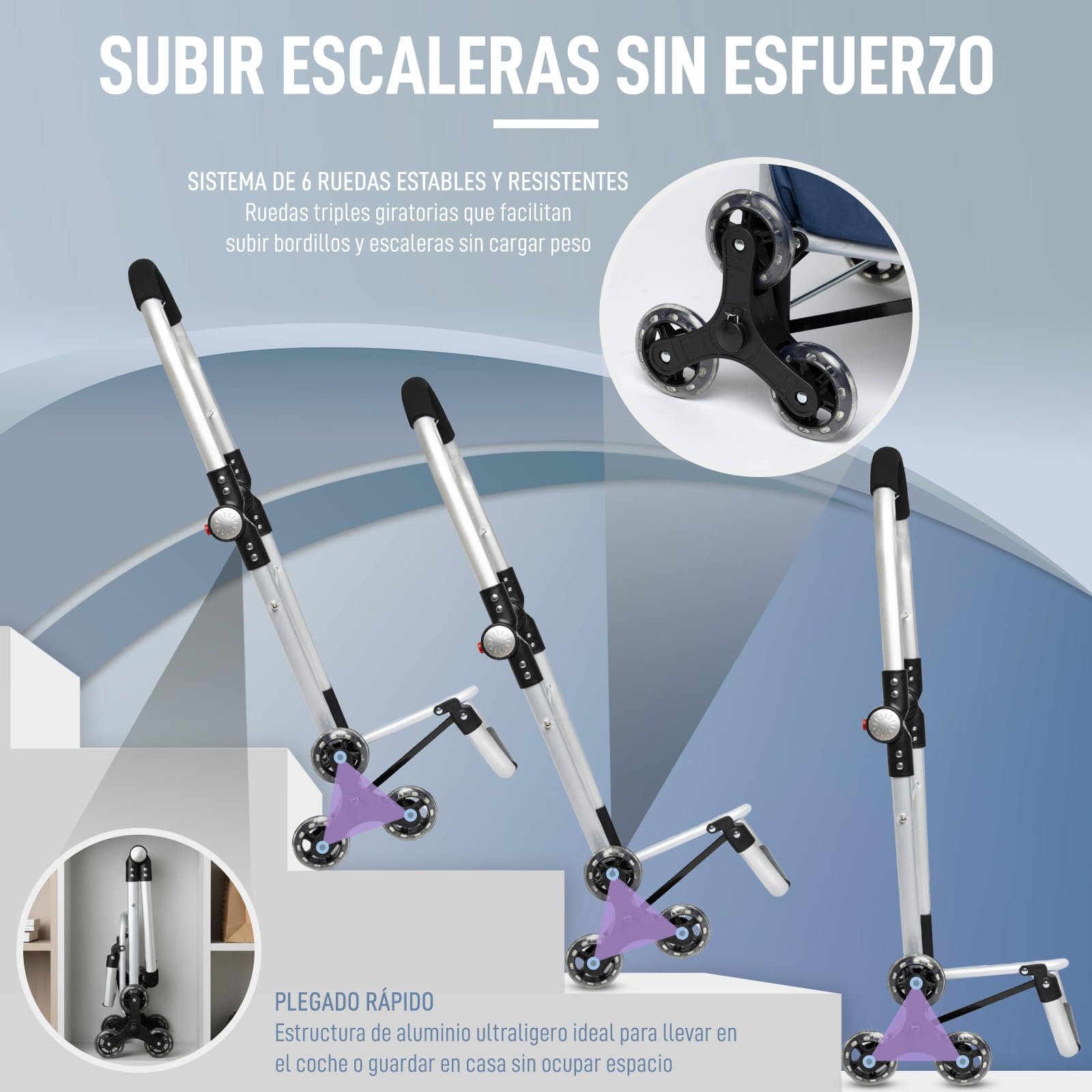Carro de la Compra Plegable 6 Ruedas Silenciosas para Escaleras, Bolsa 45 L Impermeable + 4 L Térmico, Aluminio Ligero,Carga 35 kg, Azul