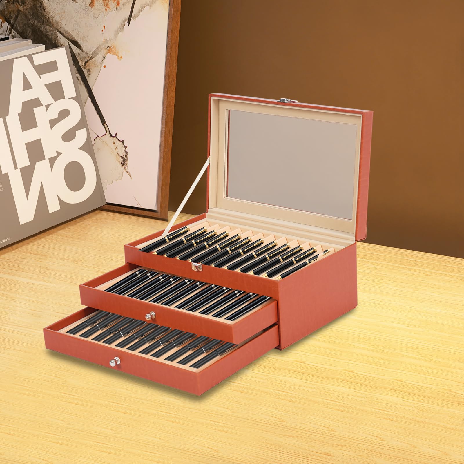 3 Etagen 36 Steckplätze Stift Display Box, Stift Aufbewahrungsbox aus Holz und PU, Rollmäppchen für Stifte, Federmäppchen Leder, für Stiften, Kugelschreibern und Markierstiften, 30.5 x 20 x 13.5cm