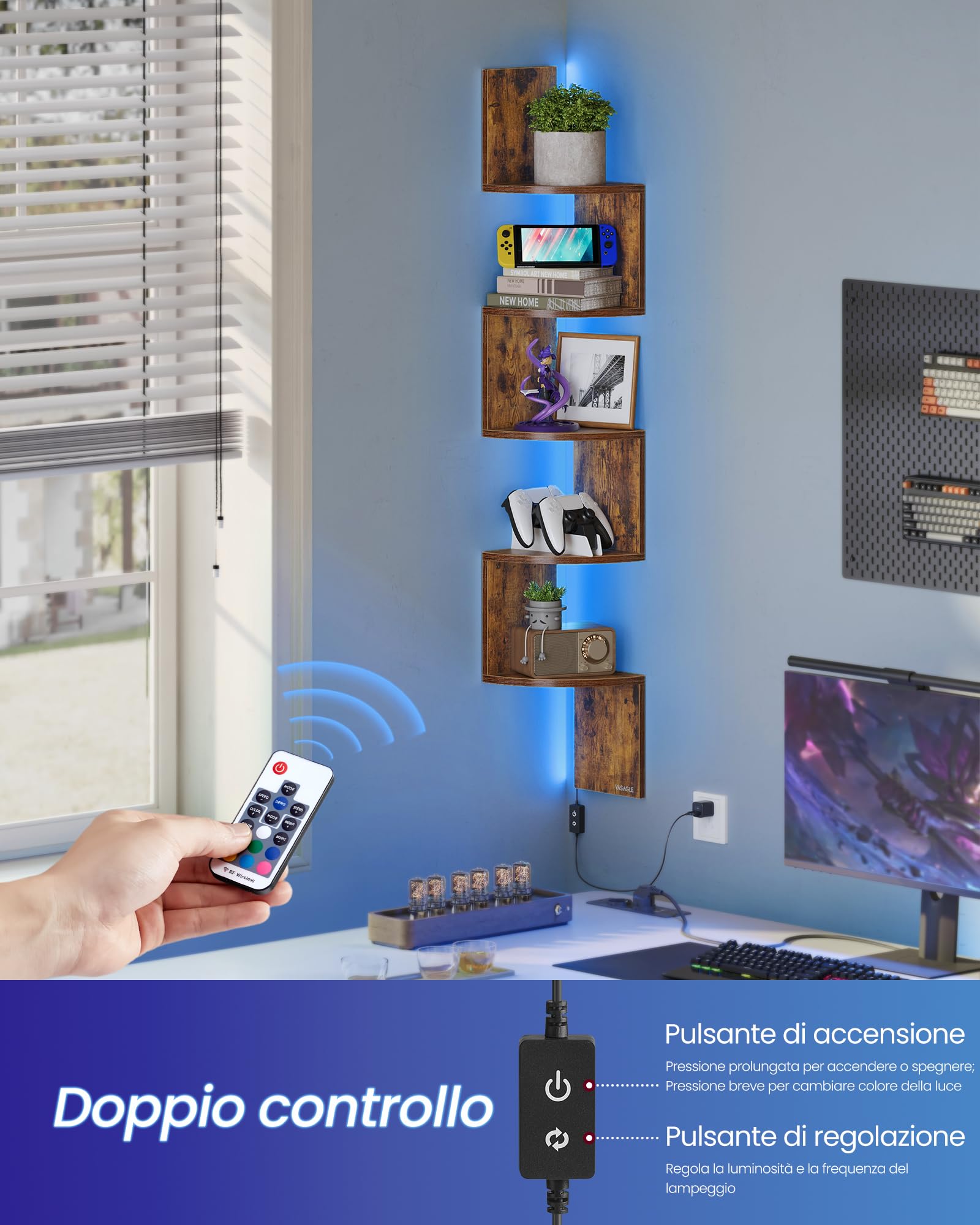 VASAGLE CUSTOS Collezione - Mensola Angolare da Parete con Luci LED RGB, Libreria Galleggiante a 5 Ripiani, per Piante, Bagno, Ufficio, Pulsante e Telecomando, Marrone Vintage LBC630K01