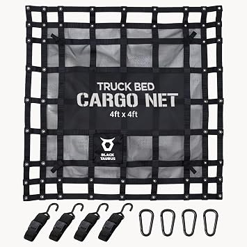 Heavy Duty Mesh Cargo Net Stretchable Mesh Cargo Net for Trailer, Roof Rack, Pickup Truck, and ATV - Truck Bed Netting for Secure Load with 4 Adjustable Straps - 4 ft x 4 ft