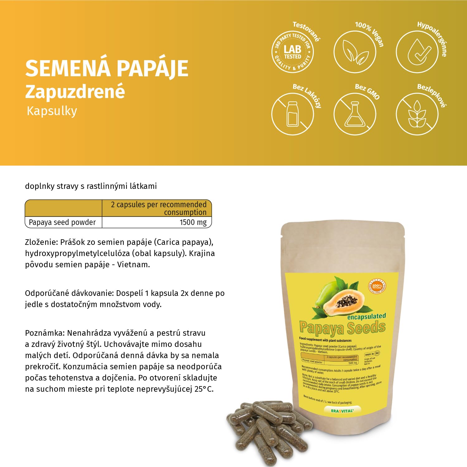Nasiona papai w kapsułkach, papaja, uwaga: nie są to nasiona hybrydowe, surowa żywność wegańska (270 szt. (1 opakowanie))