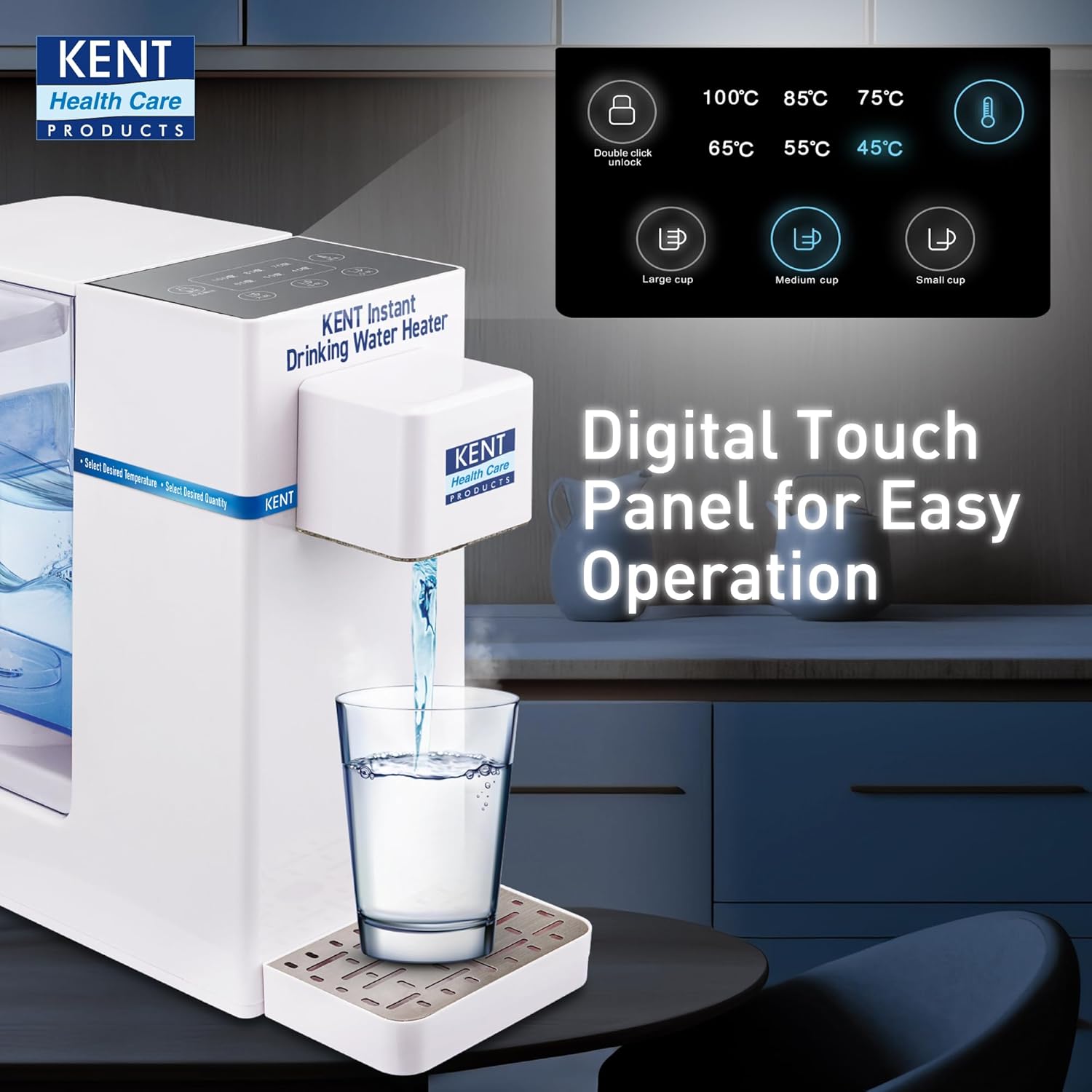 Close-up of the KENT Instant Drinking Water Heater's digital touch panel showing temperature and quantity selection buttons.