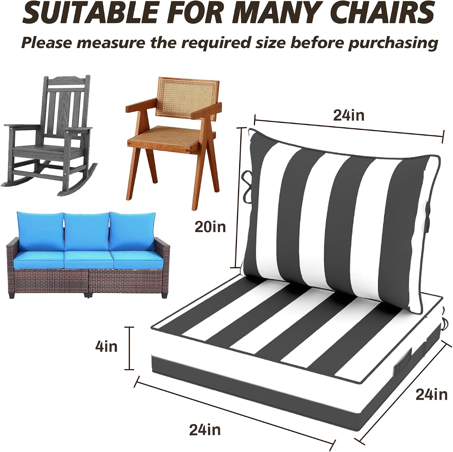 24X24-2set,Outdoor Chair Cushions, 30D High-Density Foam Patio Chair Cushions, Water-Resistant UV 2000H Color Fastness Outdoor Seat Cushions for Patio Furniture Sofa,Black White Stripe