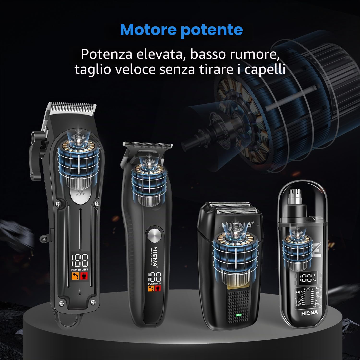 HIENA PRO Tagliacapelli professionale da uomo, tagliacapelli senza fili, rasaerba per film, rasaerba nasale, kit completo con 7 pettini di guida (249 pezzi)