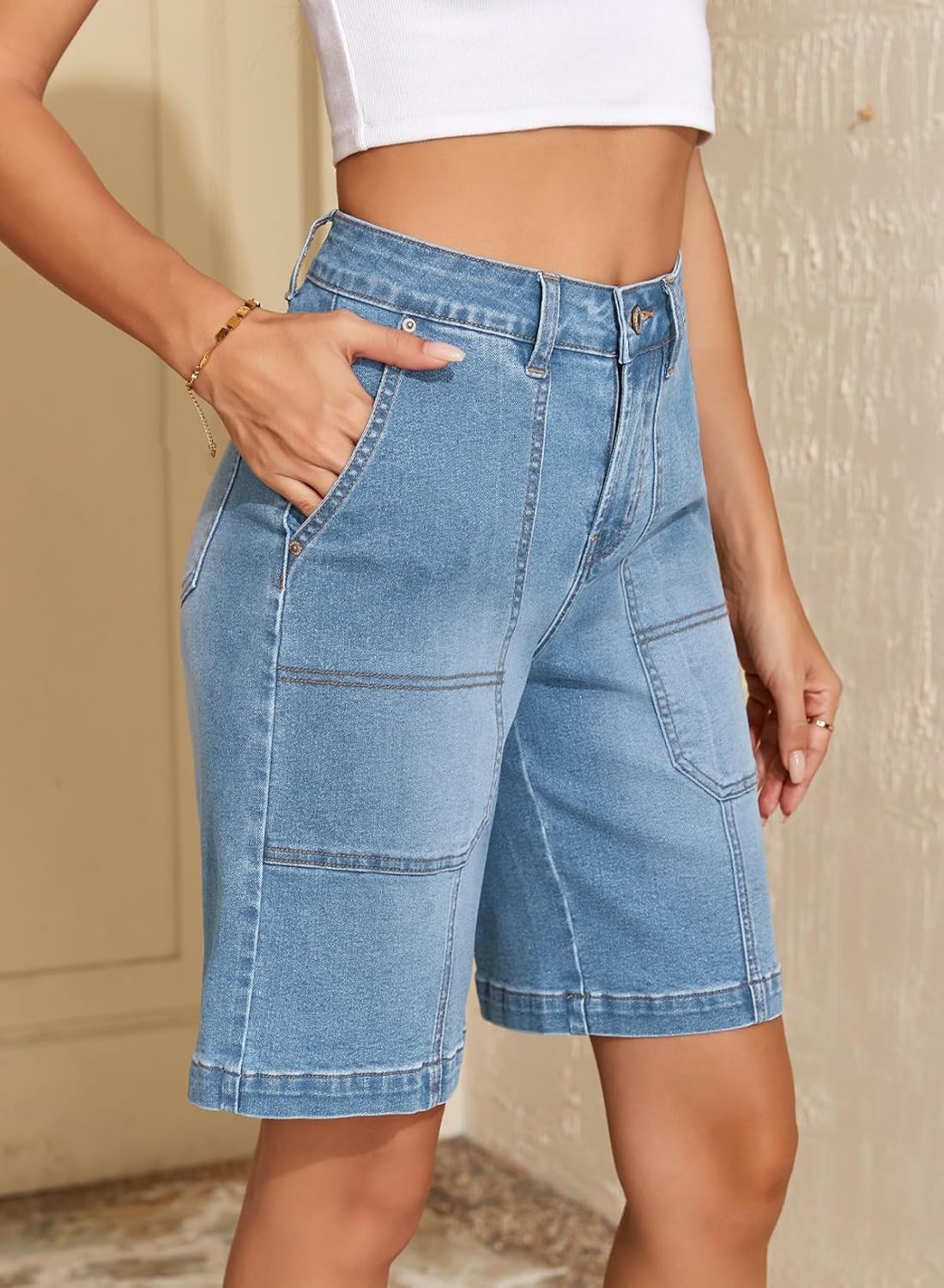 Sidefeel Womens Jean Shorts High Waisted Stretchy Wide Leg Bermuda Denim Shorts Casual Loose Fit Summer Jorts with Pockets - Image 2