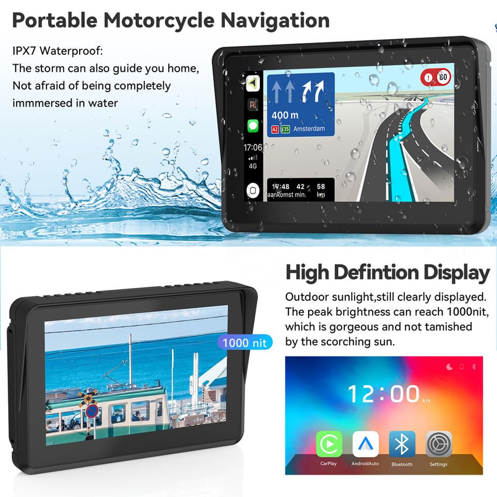 XRC TECH - Pantalla táctil IPS HD de 5 pulgadas portátil para motocicleta, navegador GPS, inalámbrico, CarPlay/Android Auto IPX7, impermeable, función Bluetooth dual 5G, WiFi, control de voz antirrobo