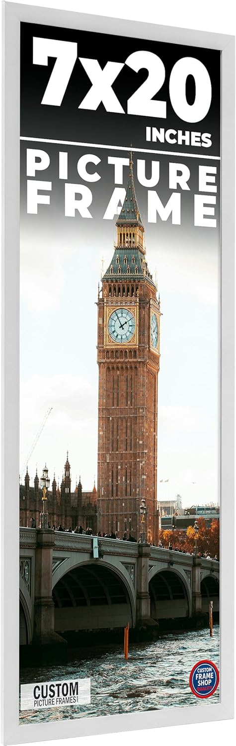 7x20 Frame White Real Wood Picture Frame Width 0.75 Inches | Interior Frame Depth 0.5 Inches | Bianca Mid Century Photo Frame Complete with UV Acrylic, Foam Board Backing & Hanging Hardware