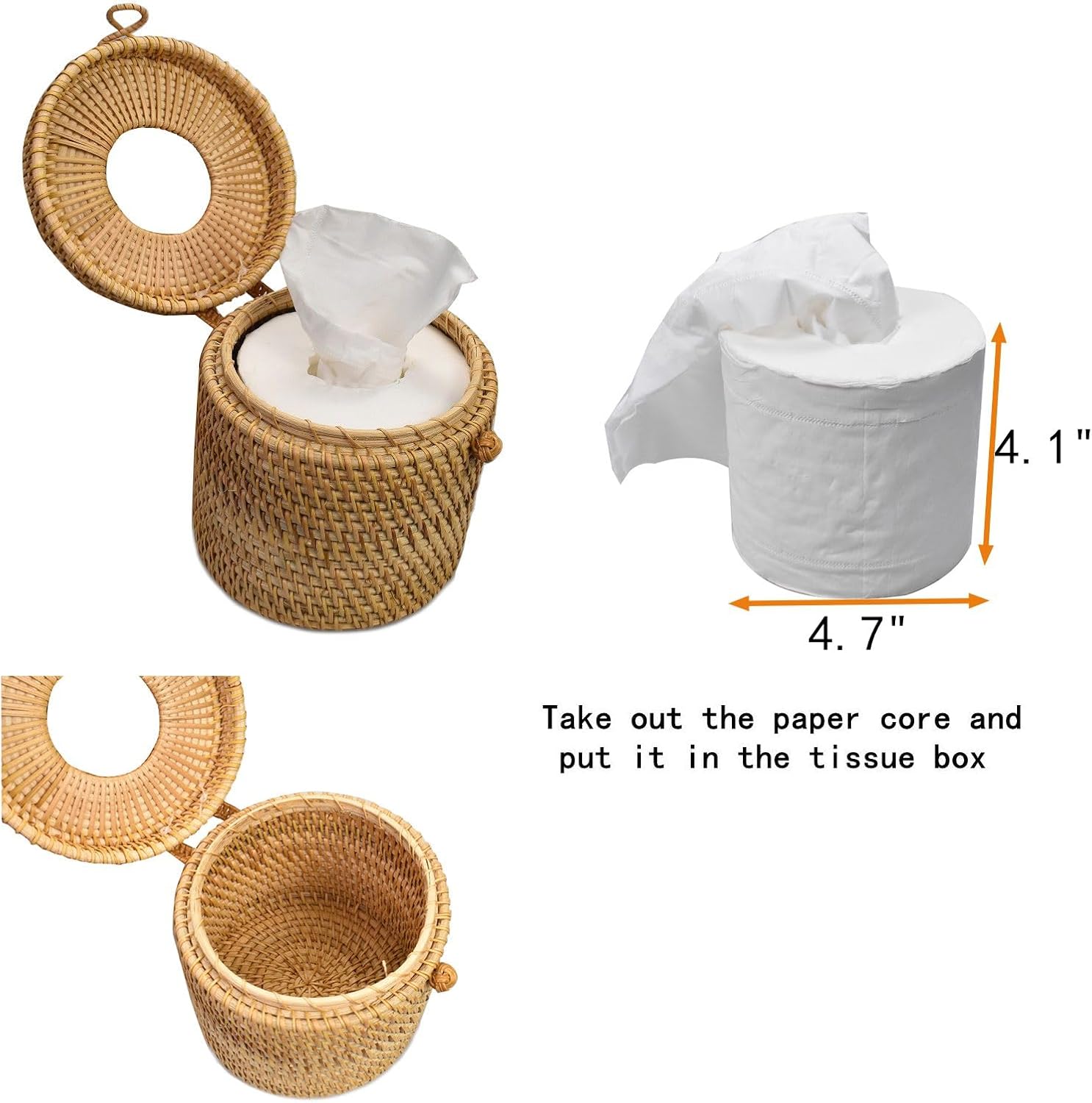 Hand-Woven Tissue Box Cover Rattan Wicker Tissue Box Holder for Bathroom Napkins Roll Paper Face Towels Organizer on Table Rustic Boho Decorative(Cylinder-Shaped)