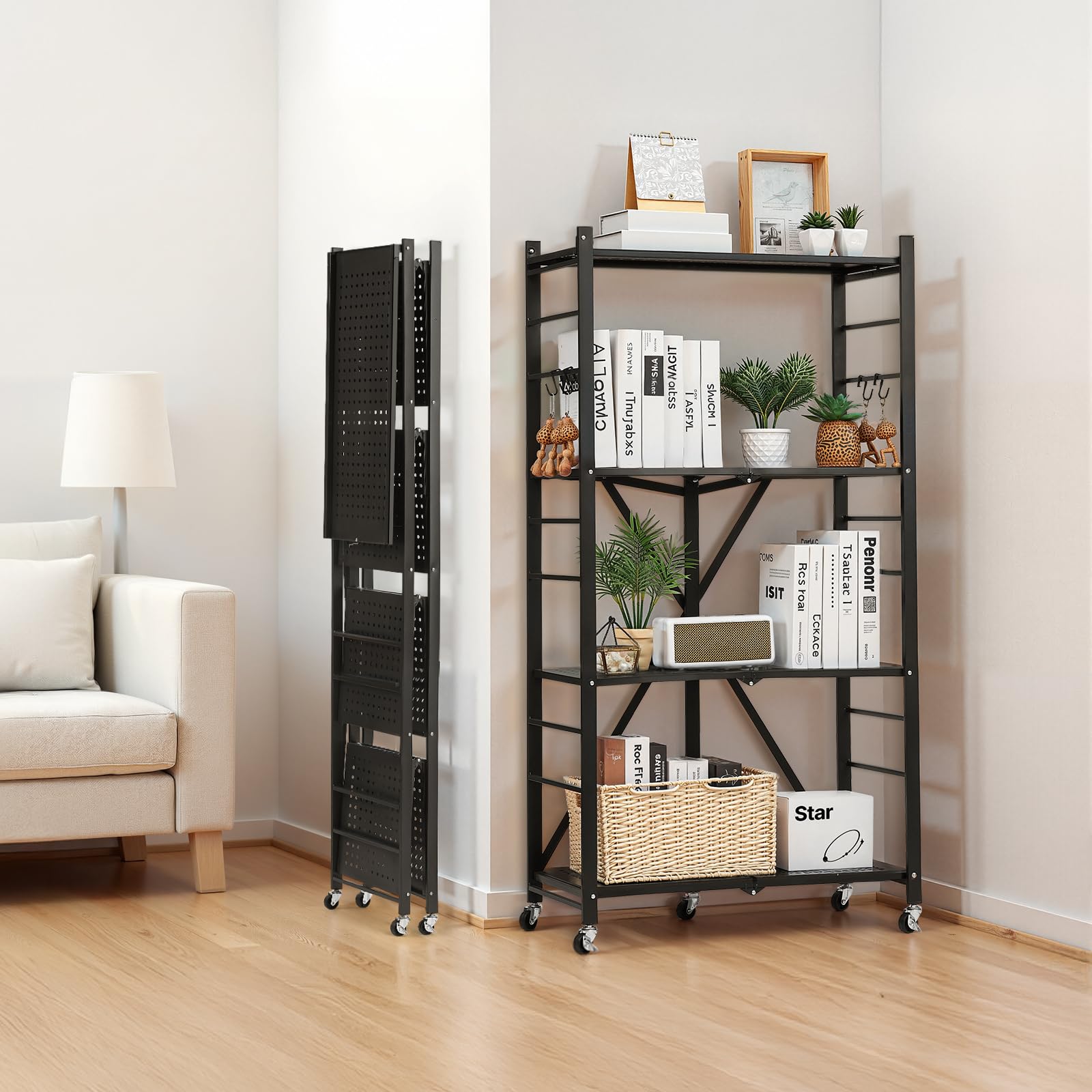VEVOR 4-poziomowy składany regał do przechowywania, 61 szer. x 30 cm x 137 cm, składany, metalowy, wytrzymały, bez montażu, organizer z 5 kółkami i 4 haczykami, do spiżarni, kuchni, garażu, piwnicy