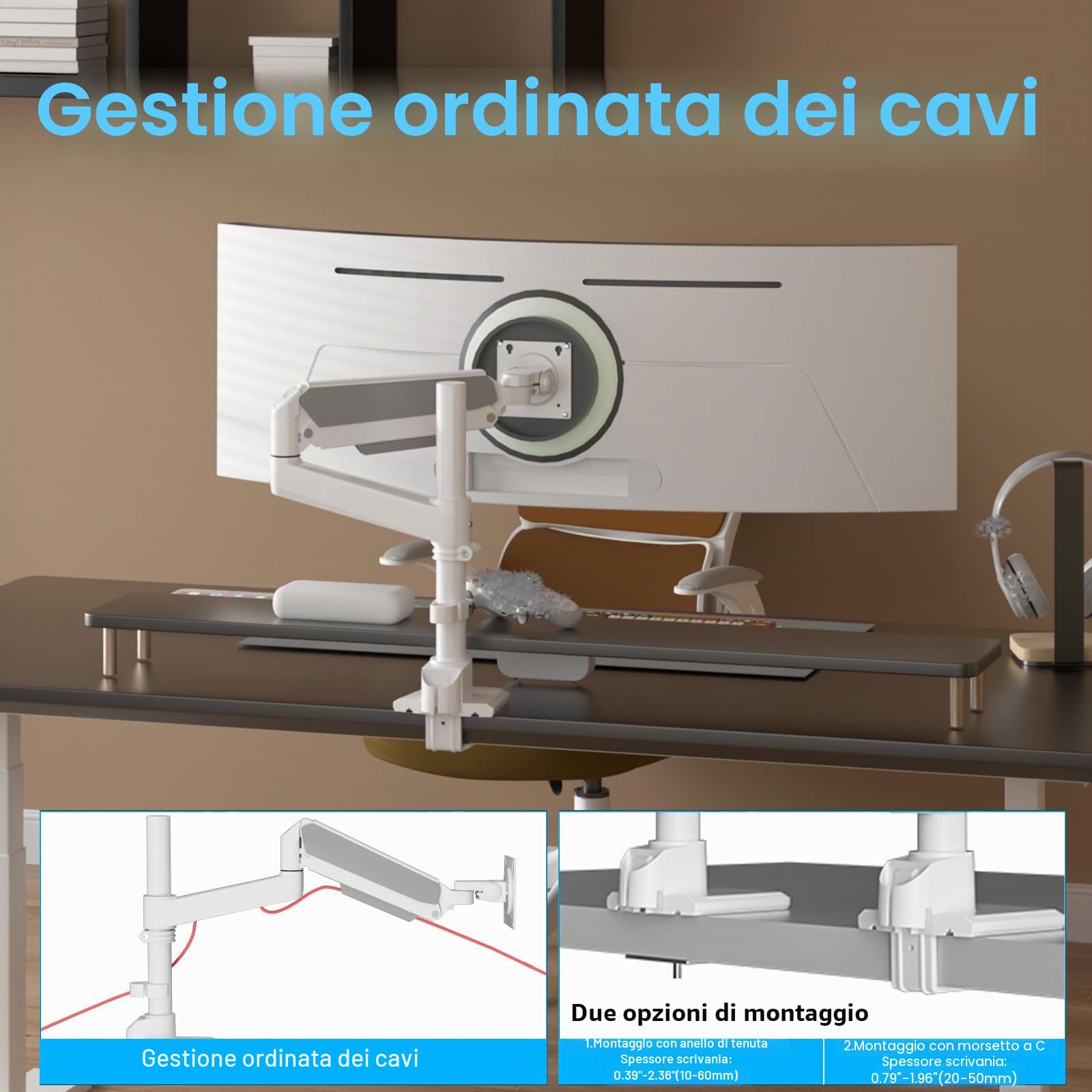 Braccio Monitor Bianco per Schermi Ultralargo da 17 a 60 Pollici,Supporta 20 kg, Supporto Monitor a Molla a Gas Regolabile in Altezza Con Asta, Ergonomia Rotazione VESA 75x75/100x100mm