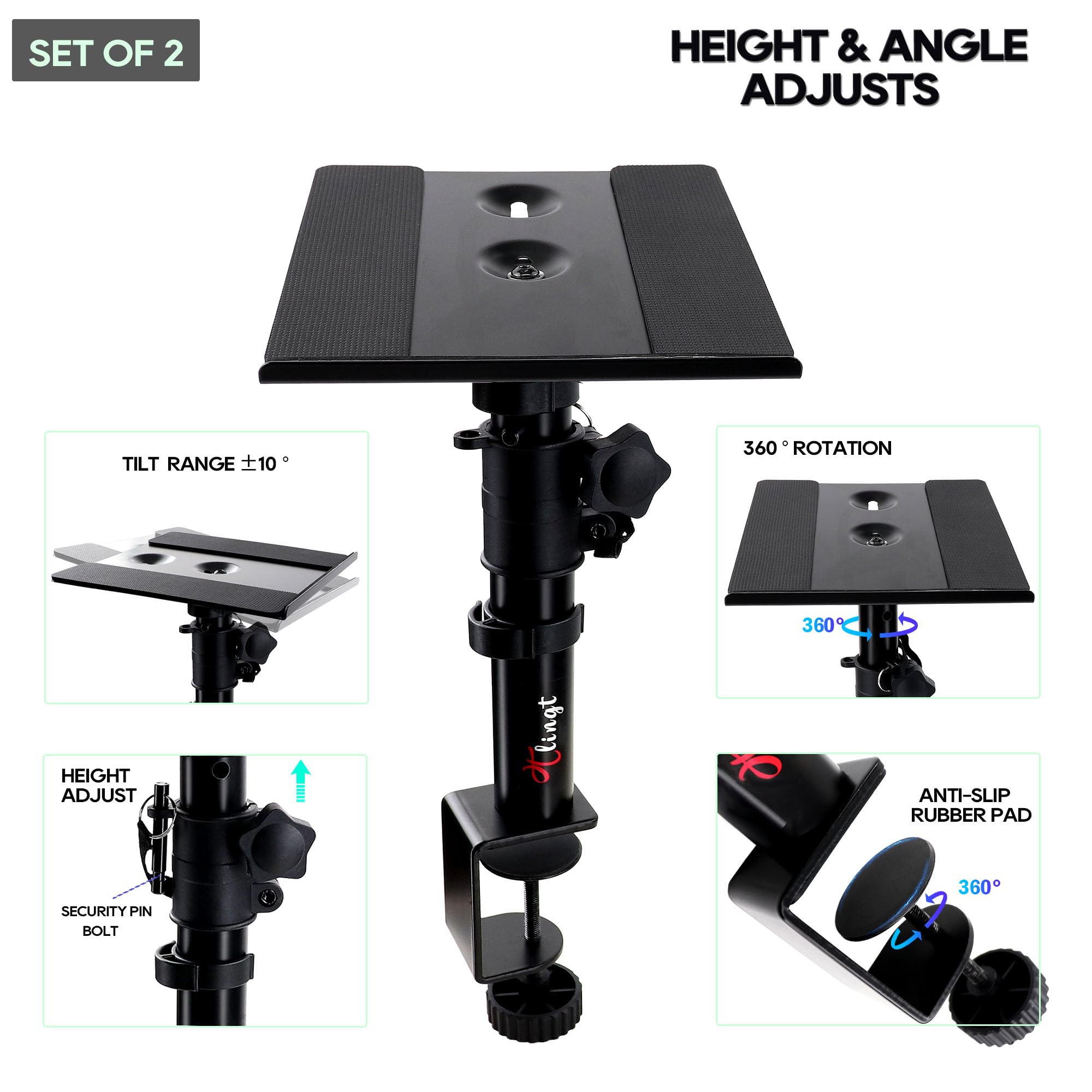 Lot de 2 supports de haut-parleurs de bureau à pince, métal, 17 x 20 cm, inclinaison -10 ° à +10 °, idéal pour haut-parleur de moniteur 3-4