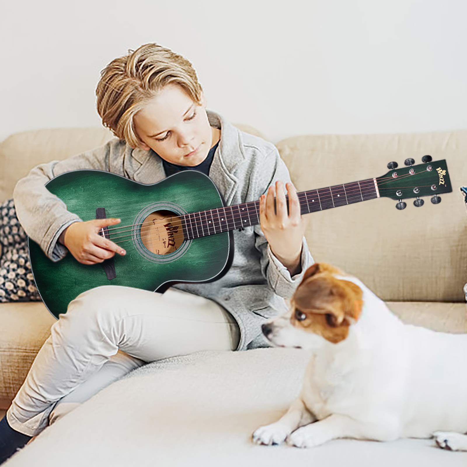 Winzz Akustik Gitarre 3/4 Kinder, Kleine Westerngitarre für Anfänger Erwachsene mit Multifunktionales Metronom, Blau-grün Reisegitarre Set 36 Zoll