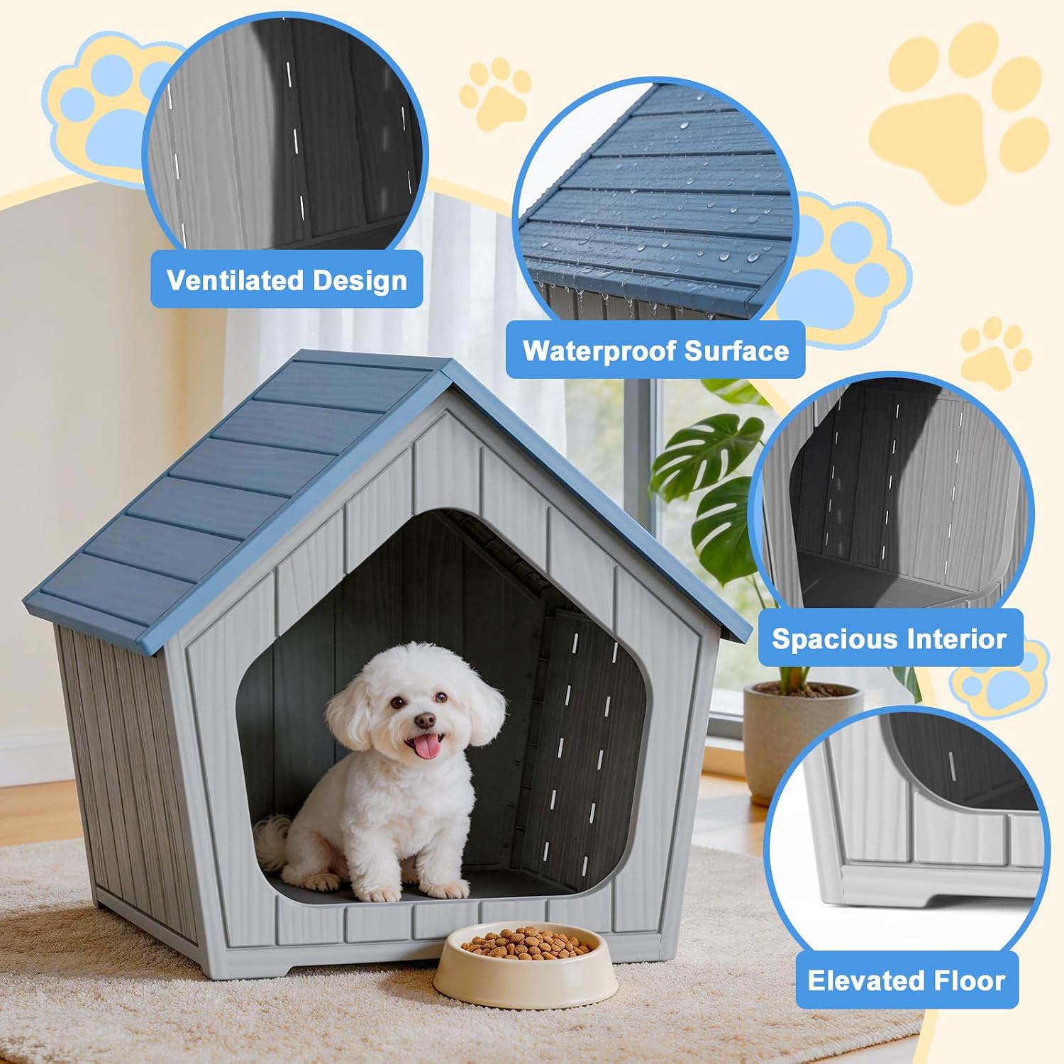 Dog House, Dog House Outdoor & Indoor, Weatherproof, Elevated Floor, 23.4" L × 22.6" W × 22.8" H Size, Cozy Kennel for Small to Medium Dogs, Easy to Assemble, Light Blue