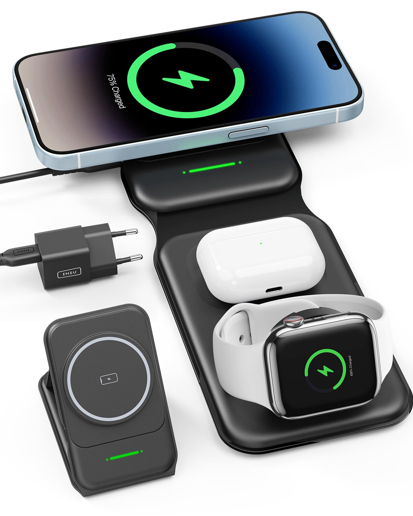 INIU Cargador Inalambrico 3 en 1 de Viajar, Base de Carga Magnetic 15W Carga Rapida para iPhone 16 15 Pro MAX 14 13 12 y Apple Watch Series 9 8 7 6 5 4 3 SE Ultra, AirPods Pro 4 3 Pro 2 ECC.