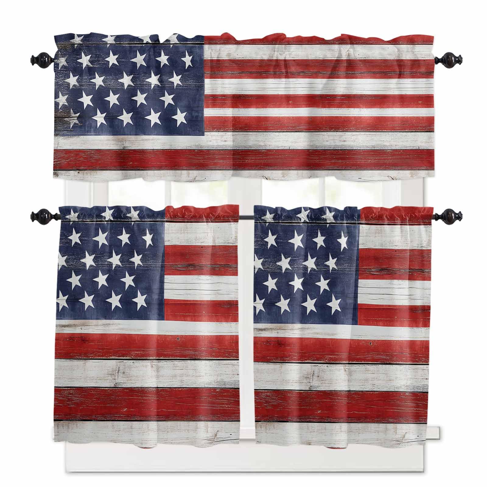 Navy Blue American Flag Kitchen Curtains 24 Inch Length, 3 Piece Rod Pocket Small Half Tiers and Valance Set, Red US Flag Wooden Vintage Small Large Window Treatment Decor for Bedroom/Bathroom Sink