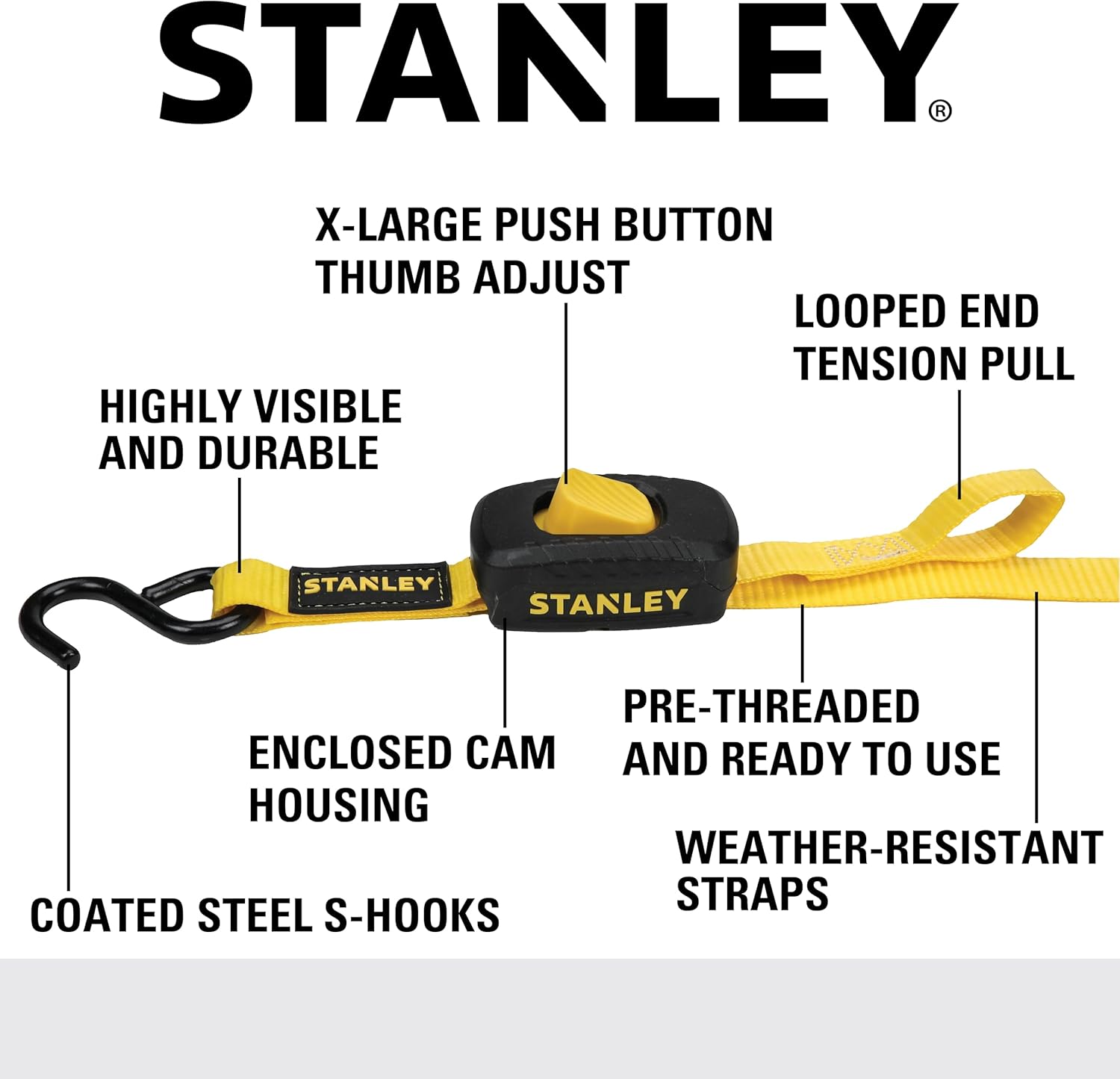 STANLEY S2002 Black/Yellow 1" x 10' Enclosed Cam-Buckle Tie Down Straps - 400 lb Safe Working Load / 1,200 lb Break Strength, 4 Pack - Image 2