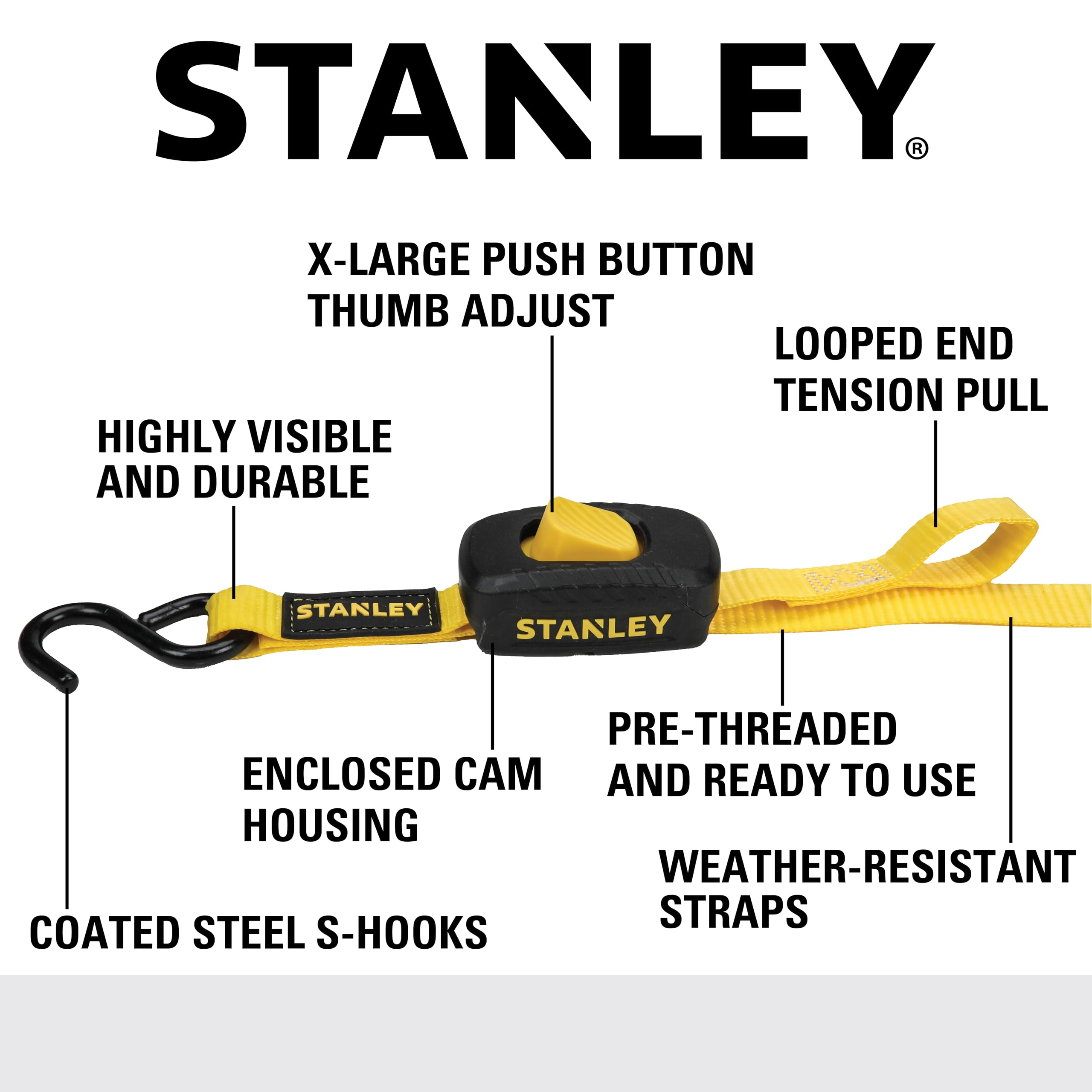 STANLEY S2002 Lot de 4 Sangles d'arrimage avec Boucle à Came fermée Noir/Jaune 2,5 cm x 3 m Charge de Travail sûre 181,4 kg Résistance à la Rupture 0,5 kg