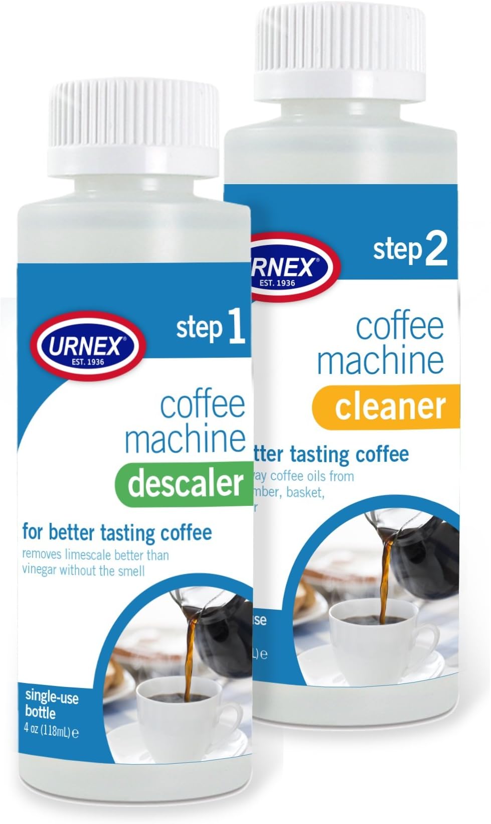 Urnex Coffee Maker Cleaner and Descaler Kit - 2 Single Use Bottles - Professional at Home Coffee Machine Cleaning and Descaling