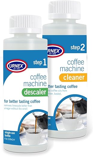 Urnex Coffee Maker Cleaner and Descaler Kit - 2 Single Use Bottles - Professional at Home Coffee Machine Cleaning and Descaling