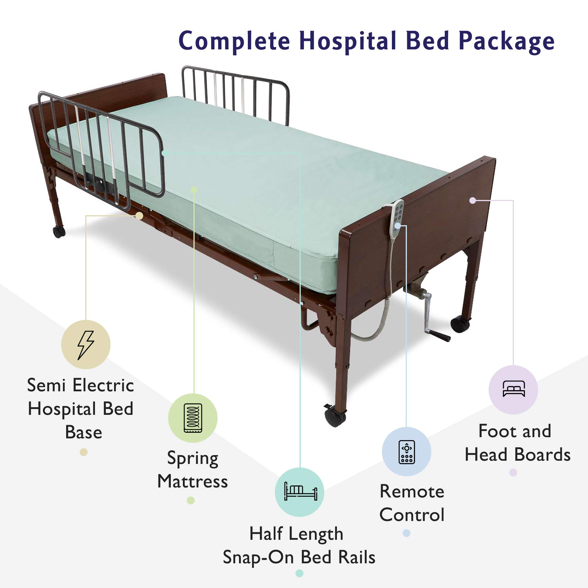 Semi Electric Hospital Bed with innerspring Mattress and Half Rails Included for Home Care Use