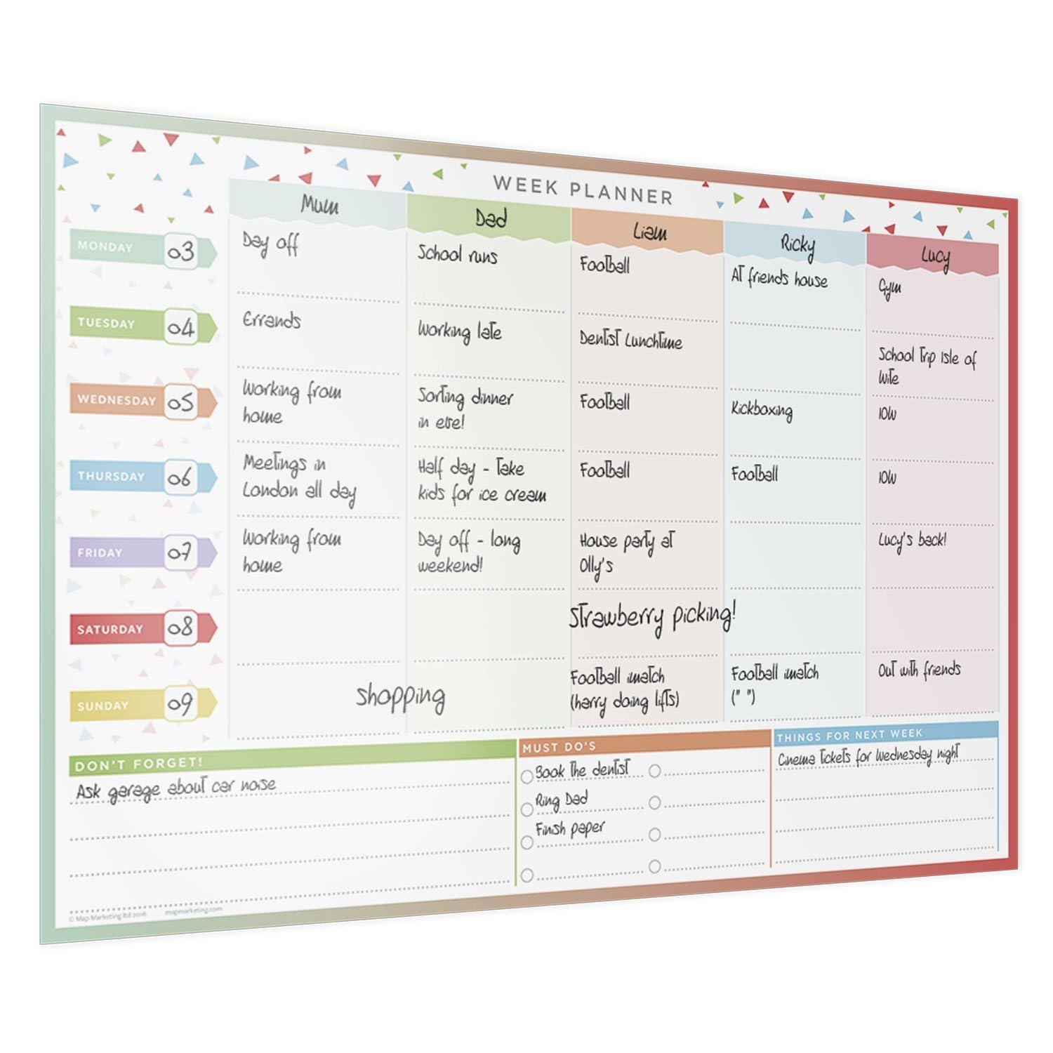 Family Wall Planner - A3 47cm x 32cm, 5 Columned, Self-Adhesive, Reusable, Laminated Planner For Weekly Food & Fitness Planning