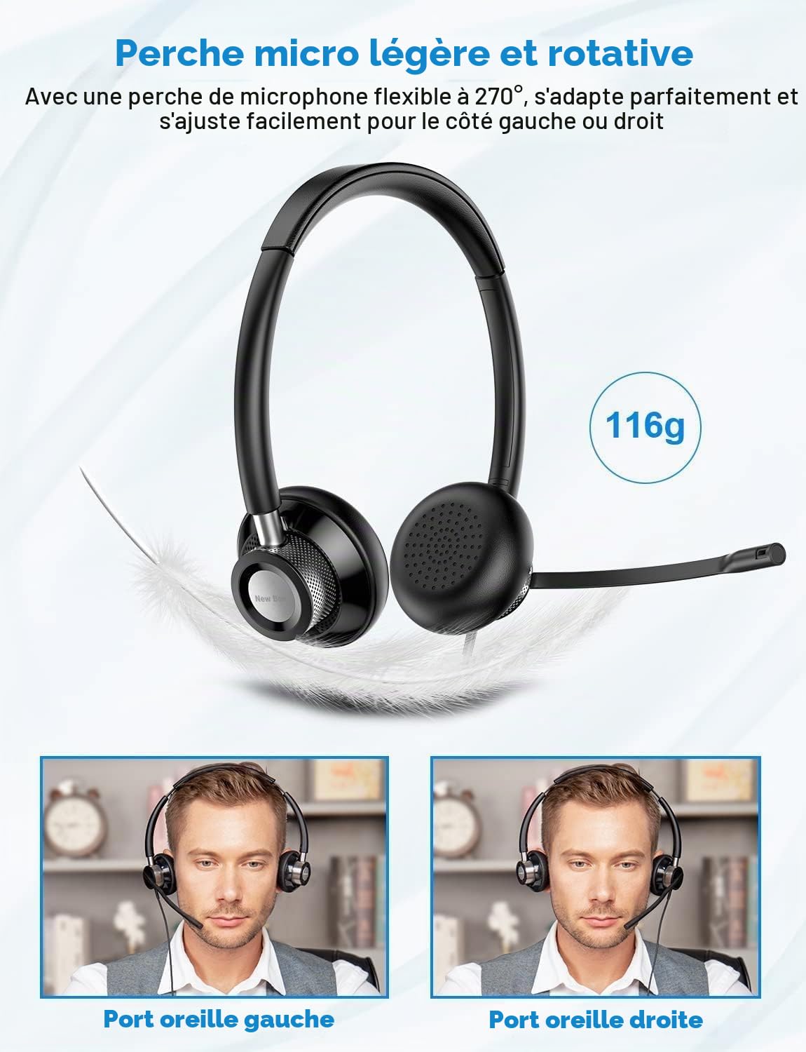 New Bee Casque PC avec Micro, Casque Audio Filaire, Casque USB/Type-C/3,5 mm Stéréo écouteur d'écoute Oreillette Professionnelle pour Webinaire Skype Chat Cours en Ligne et Musique(1 pièce)
