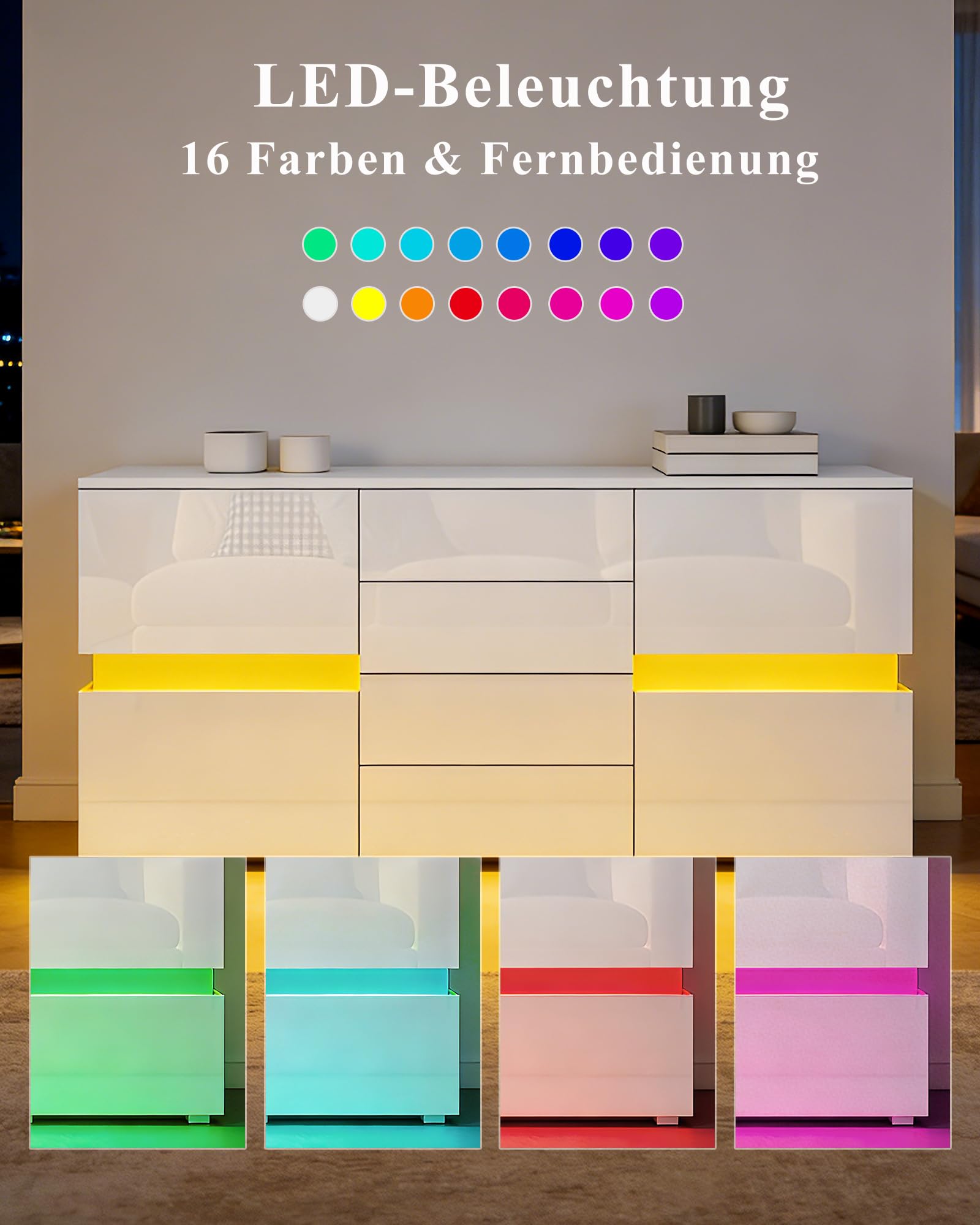 Anrichte Hochglanz Anrichte für Wohnzimmer Modernes Anrichte Schrank Vitrine mit LED Beleuchtung 2 Türen 4 Schubladen Wohnmöbel (Weiß)