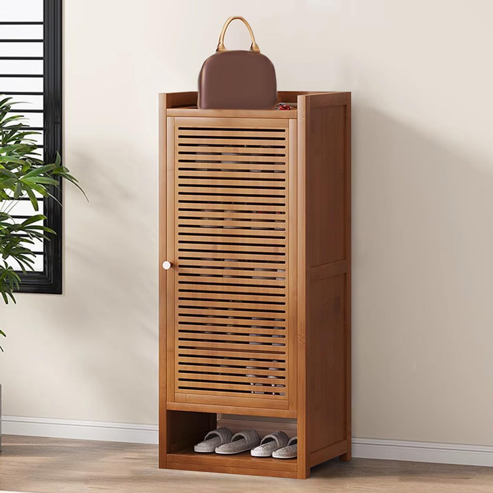 Meuble à chaussures étroit en bois de style ferme marron et noir pour petits espaces