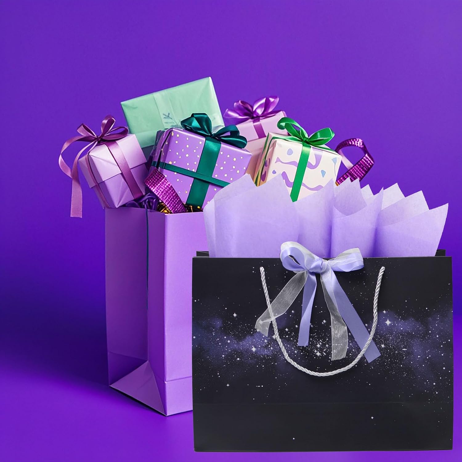 YYaaloa 13.8" Large Purple and Black Gift Bag Set with Greeting Card and 2 Tissue Paper Present Bags for Christmas Women's Birthday, Mother's Day, Wedding (Black B)