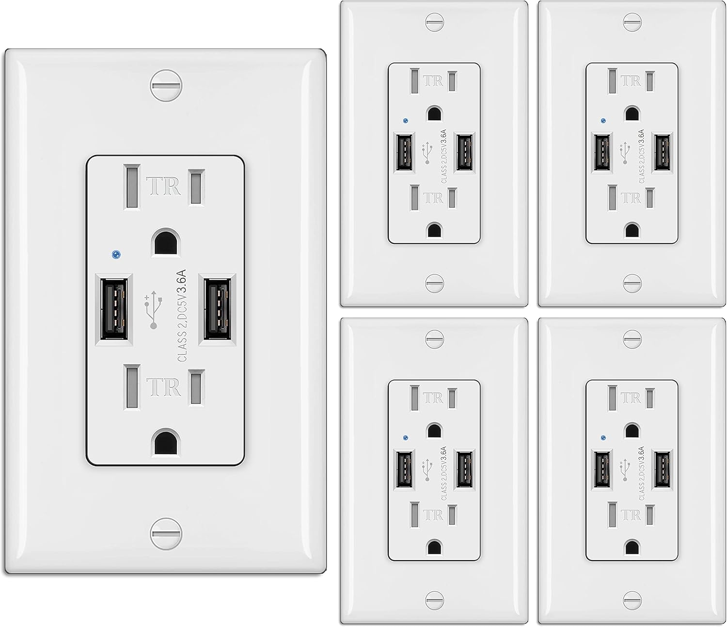 [5 Pack] BESTTEN 3.6A USB Wall Receptacle Outlet, 2 USB Charging Ports