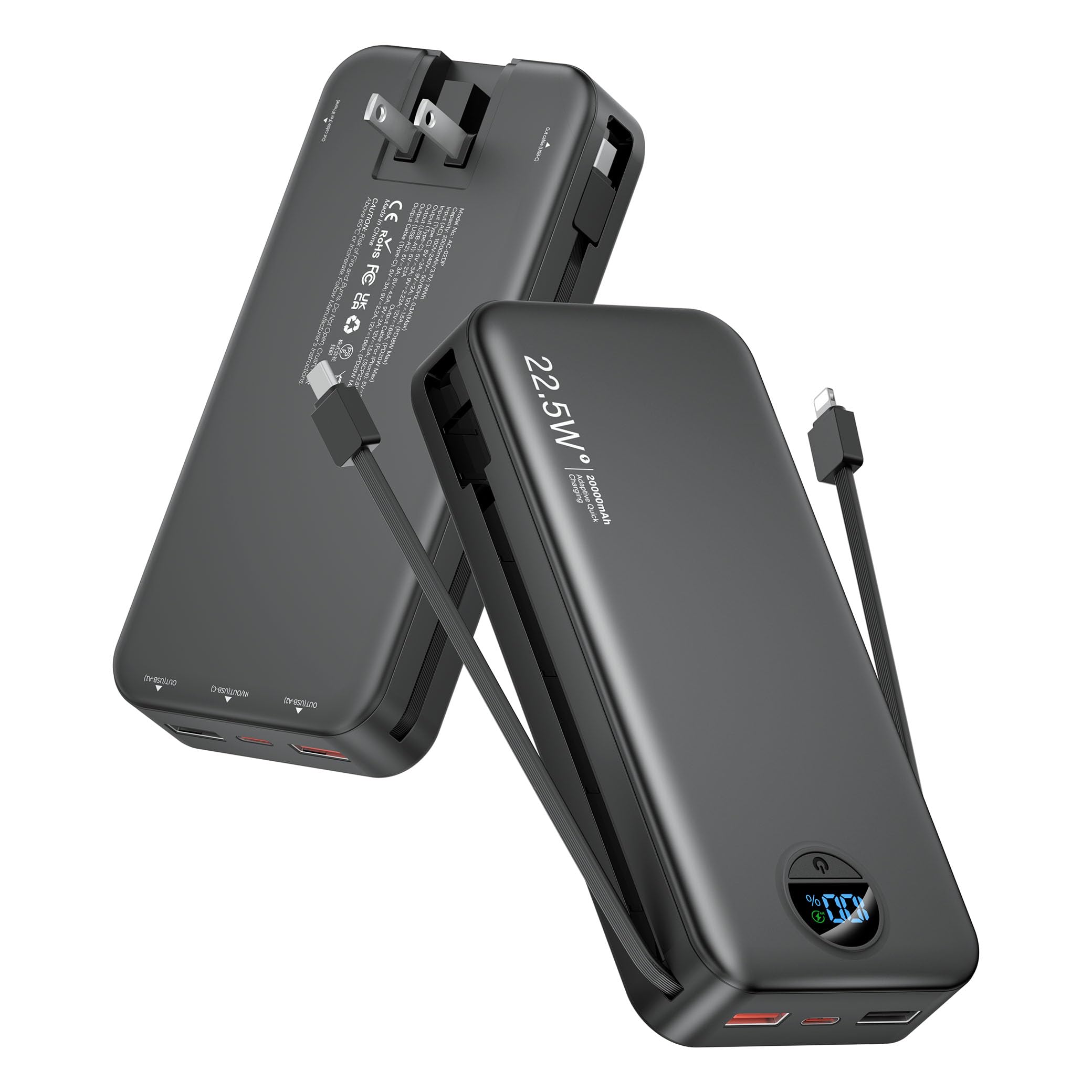 Portable Charger Power Bank, 20000mAh 22.5W USB C Fast Charging with Built-in Cables & Wall Plug, External Battery Bank with LED Display, Travel Essential for iPhone, iPad, Samsung Black