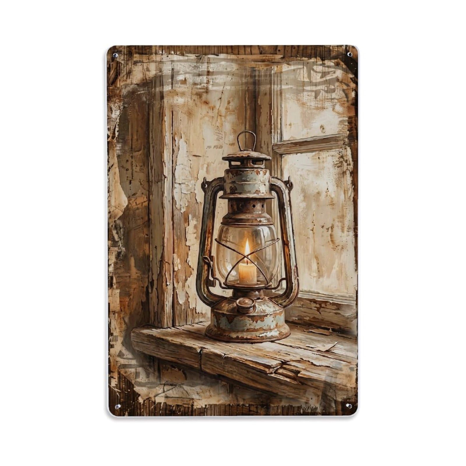 Fqnyr Style Lantern Windowsill Farmhouse Decor Metal Tin Sign Plaque Wall Decor For Cafe, Club Bar, Office, Home Garden Metal Poster 8X12inch
