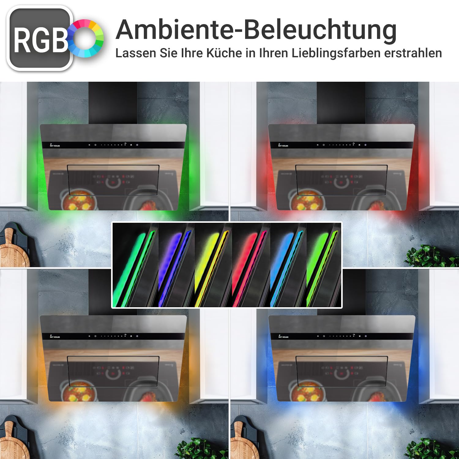 KKT KOLBE Campana extractora A+++ 90 cm | 782 m3/h recirculación o salida | inclinada frontal libre | cristal negro espejo | posventilación | WiFi App | SensorTouch | LED RGBW | PLOOM9005M