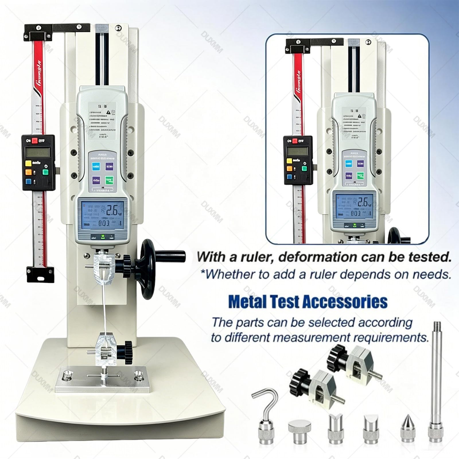 Máquina Digital de Ensayo de Tracción con Dinamómetro 10–2000 N Sandard-50N | El montaje reversible permite tracción y compresión de 10 a 2000 N en cables, cuerdas, resortes, ganchos y bandas elásticas