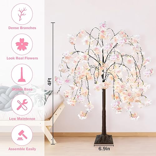 Miniatura 2 de Árbol de flor de cerezo de 4 pies con 360 luces LED, árbol iluminado artificial con 8 modos de iluminación, árbol rosa con flores sintéticas para