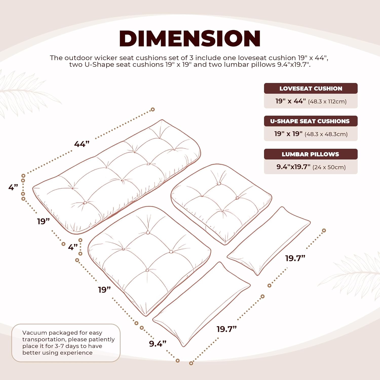 Wicker Chair Cushions of 5 Pieces, Waterproof Outdoor Loveseat Cushion for Wicker Furniture, 1 Love Seat Cushion, 2 U-Shape and 2 Lumbar Pillows for Patio Furniture (Red)