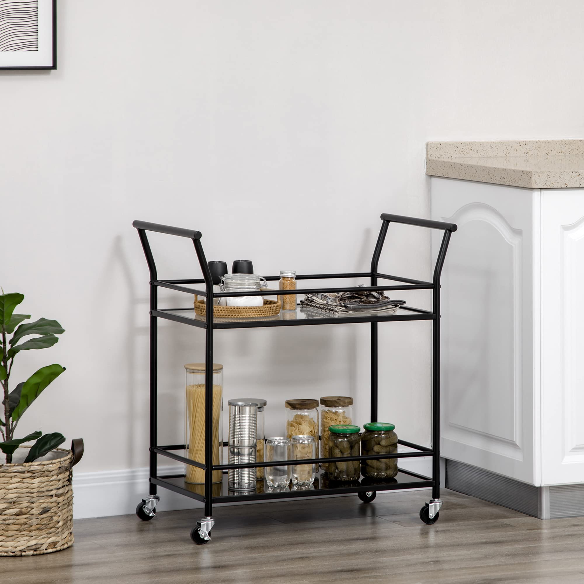 HOMCOM Carrello da Cucina a 2 Livelli con Piani in Vetro Temperato, 4 Rotelle e Struttura in Metallo, 75x40x80 cm, Nero
