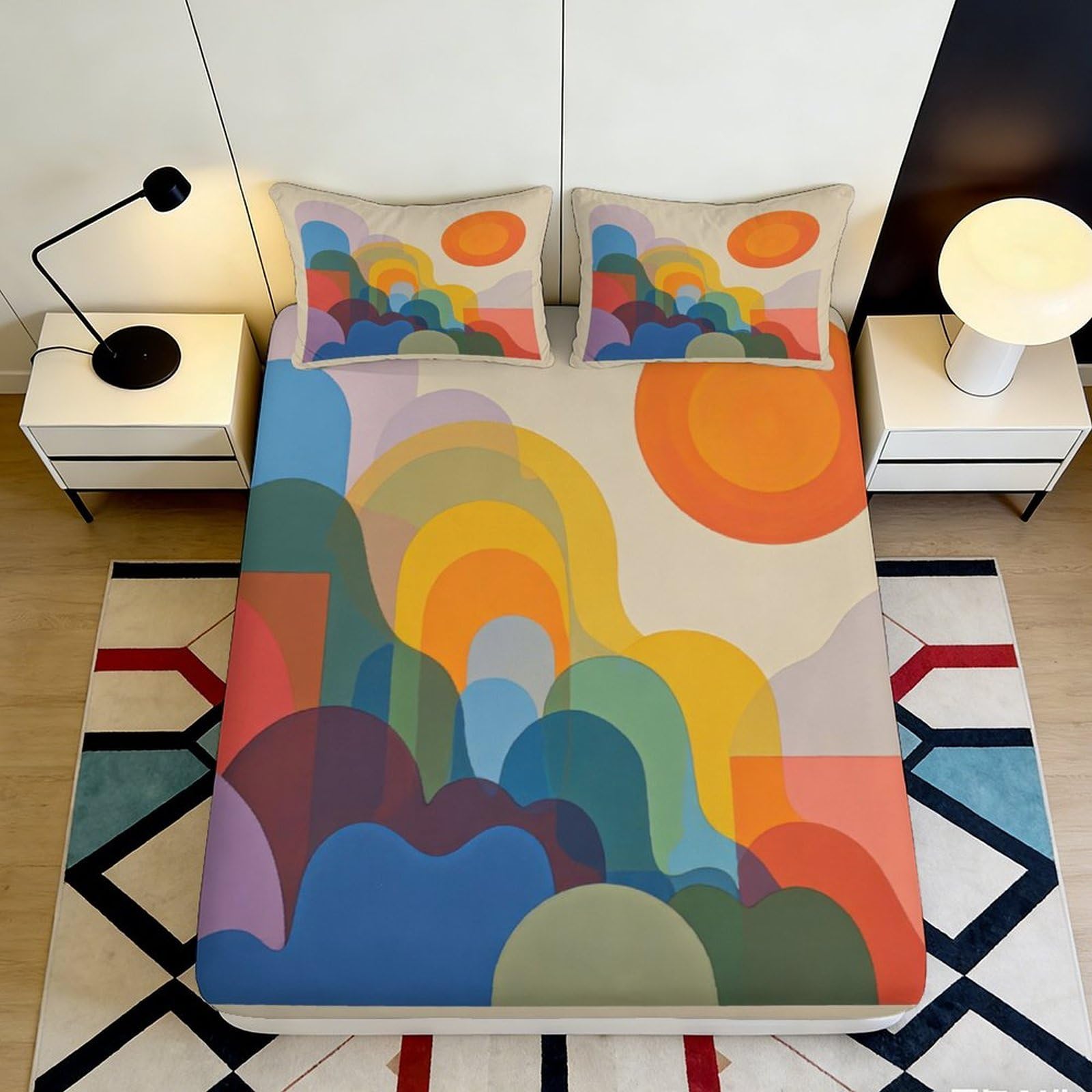 3D Printed Abstract Colorful Fitted Sheet Microfiber Soft Breathable Geometric Bed Cover for Bedroom Dormitory Guest Room Mattress Protection 90x200x25cm
