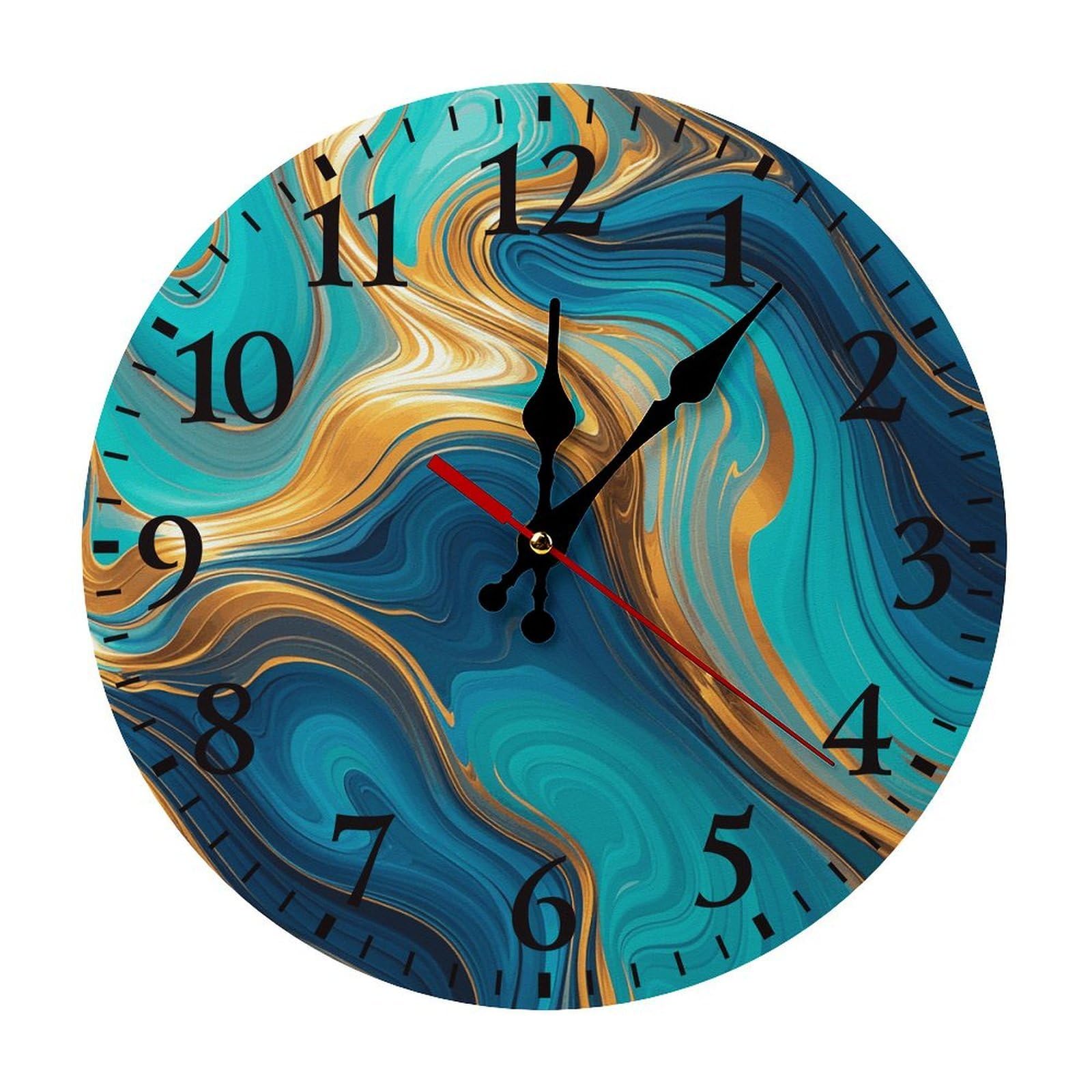 QMNLKH Turquoise Blue Gold Marble Wall Clock for Home, Battery Operated Clock for Hotel, Round Wall Clock with Arabic Numerals Black, Easy to Read, Non-Ticking Clocks for Living Room 30 * 30cm