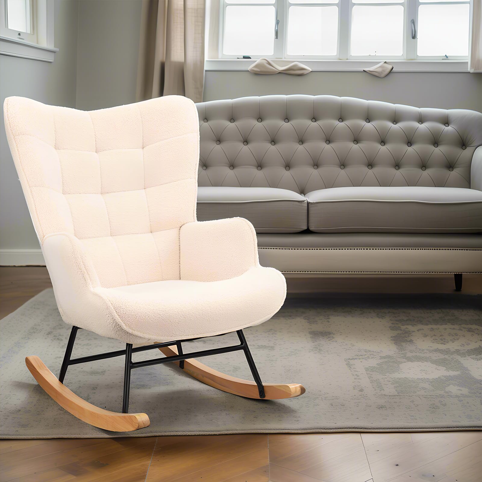 Fauteuil à bascule avec polaire Sherpa, bois massif et cadre en métal, fauteuil à bascule avec dossier haut, fauteuil de salon avec assise rembourrée, jusqu'à 130 kg, beige, DEZplsZM31924