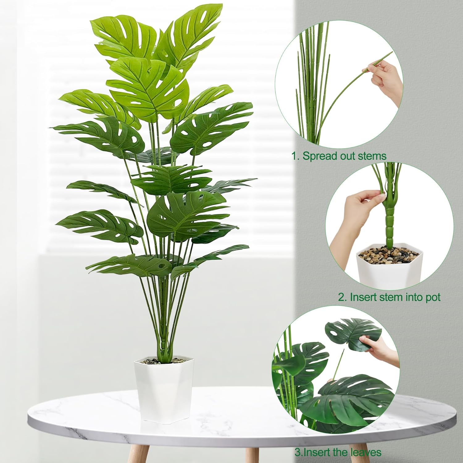 Set of 2 Artificial Monstera Deliciosa Plants in Pots, Fake Tropical Palm Tree with Greenery Leaves Stems, 43 Inch Faux Swiss Cheese Floor Plants Indoor for Home, Office, Store Decor