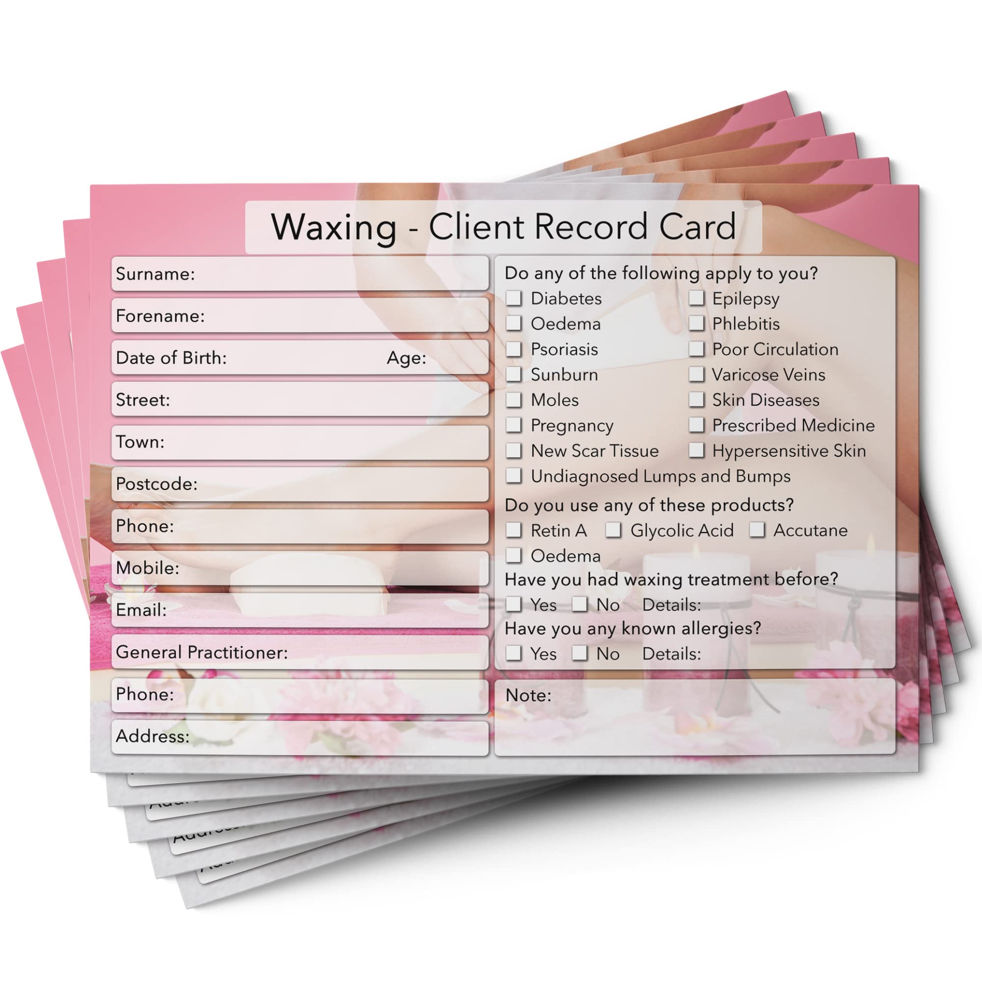 Waxing Client Cards A6 Size, Salon and Therapist Customer Consultation Record, Treatment Services Essentials