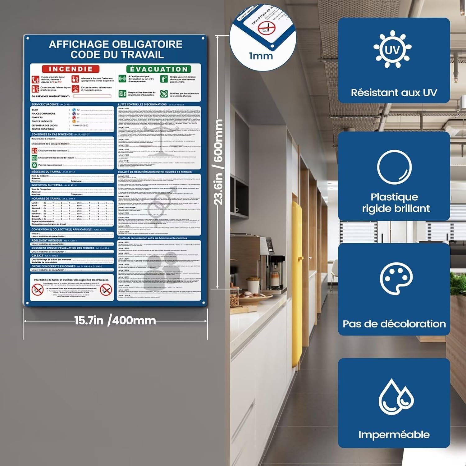 affichage obligatoire entreprise 2026 – Kit 9 Panneaux en PVC Rigide – Surface Brillante Effaçable – Impression UV Haute Définition – Adhésif Intégré et Trous de Fixation Inclus