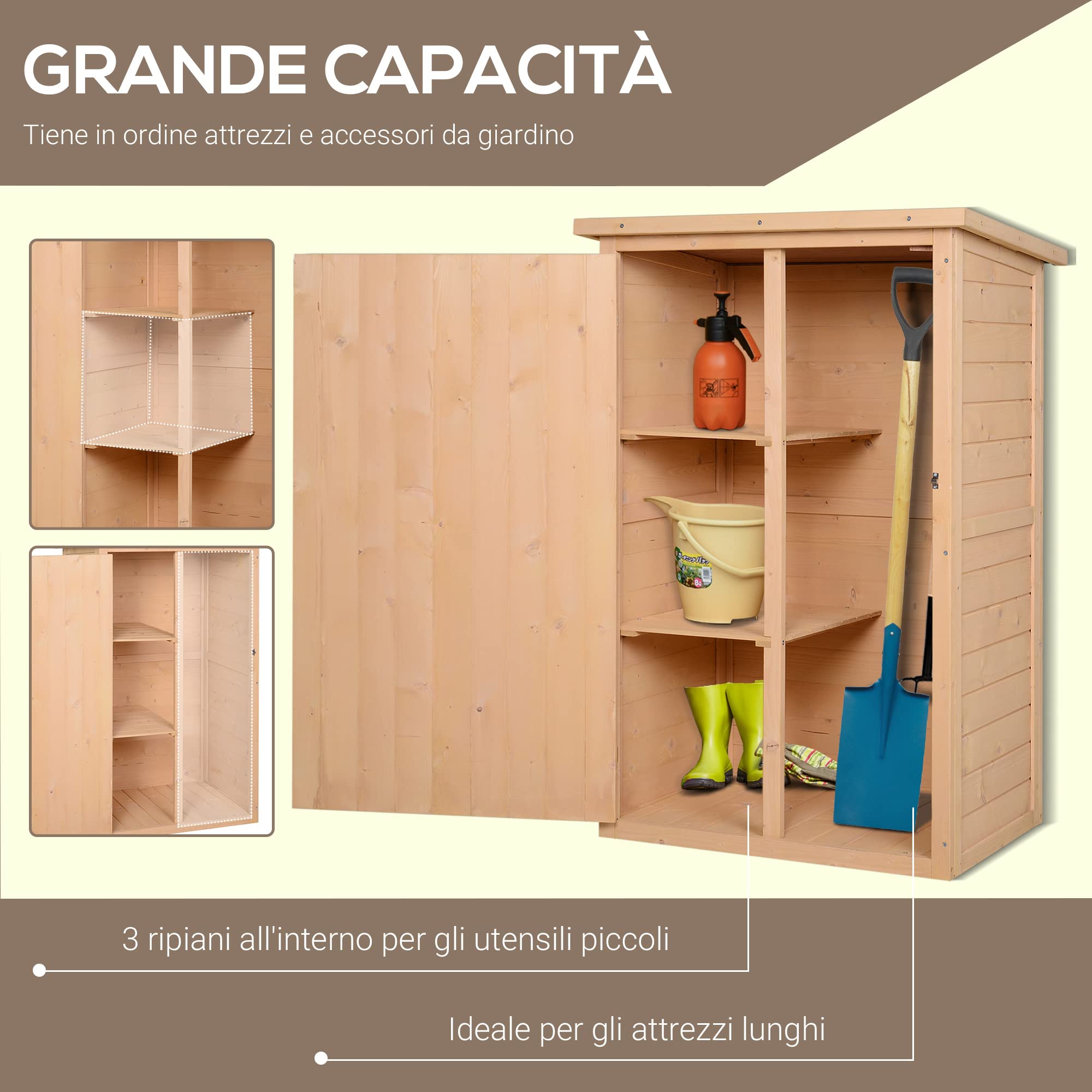 Outsunny Casetta da Giardino in Legno con Tetto Impermeabile, Armadio Porta Attrezzi da Esterno con 2 Mensole, 75x56x115cm, Colore Legno