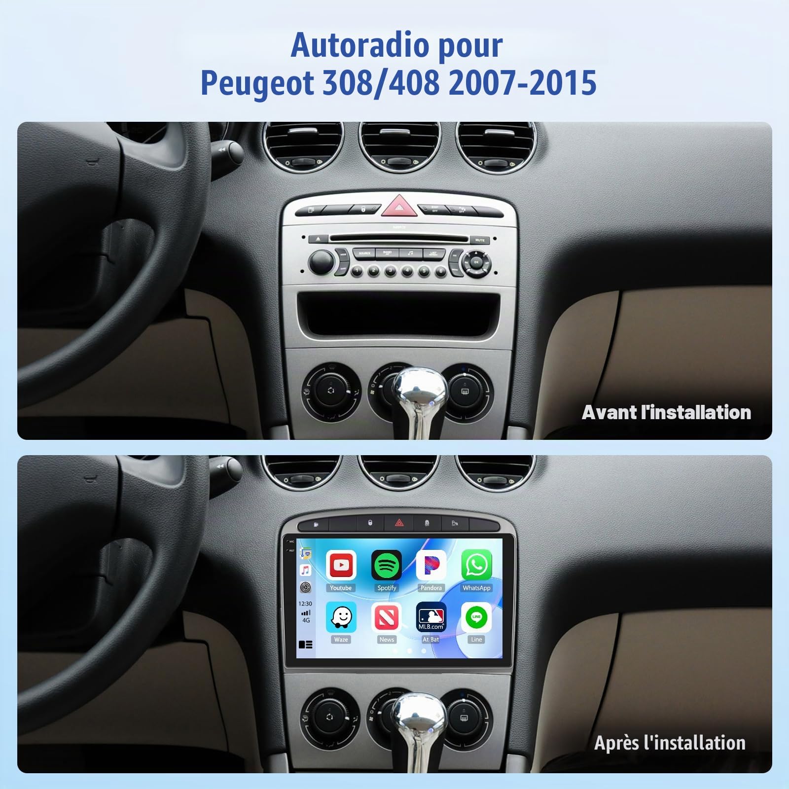 4+64G Inefala Android 15 Autoradio pour Peugeot 308 408 2007-2015 avec 9''Incell Écran Tactile,Carplay Voiture Android Auto sans Fil,Autoradio Bluetooth avec Caméra de Recul GPS WiFi RDS/FM EQ SWC MIC