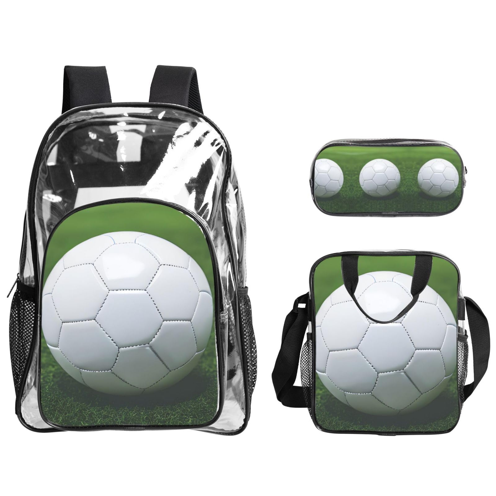 Juego de mochila 3 en 1 con estampado de balón deportivo de fútbol, bolsa transparente para eventos escolares, trabajo, estadio y transporte diario