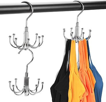 2 Packs Bra Hanger for Closet, Stackable Tank Top Organizer 16 Hooks for Closet Organization and Storage, Stainless Steel Space Saving Clothes Hook Hanger for Belt, Tank Top, Bra, Tie, Scarves