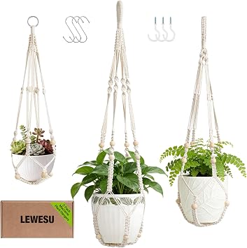 LEWESU 3 Pack Macrame Plant Hanger Indoor 3 Different Sizes Hanging Planter Basket Flower Pot Holder with Wood Beads & No Tassels for Boho Home Decor, 23, 30, 35 Inch, Ivory Pot Not Included