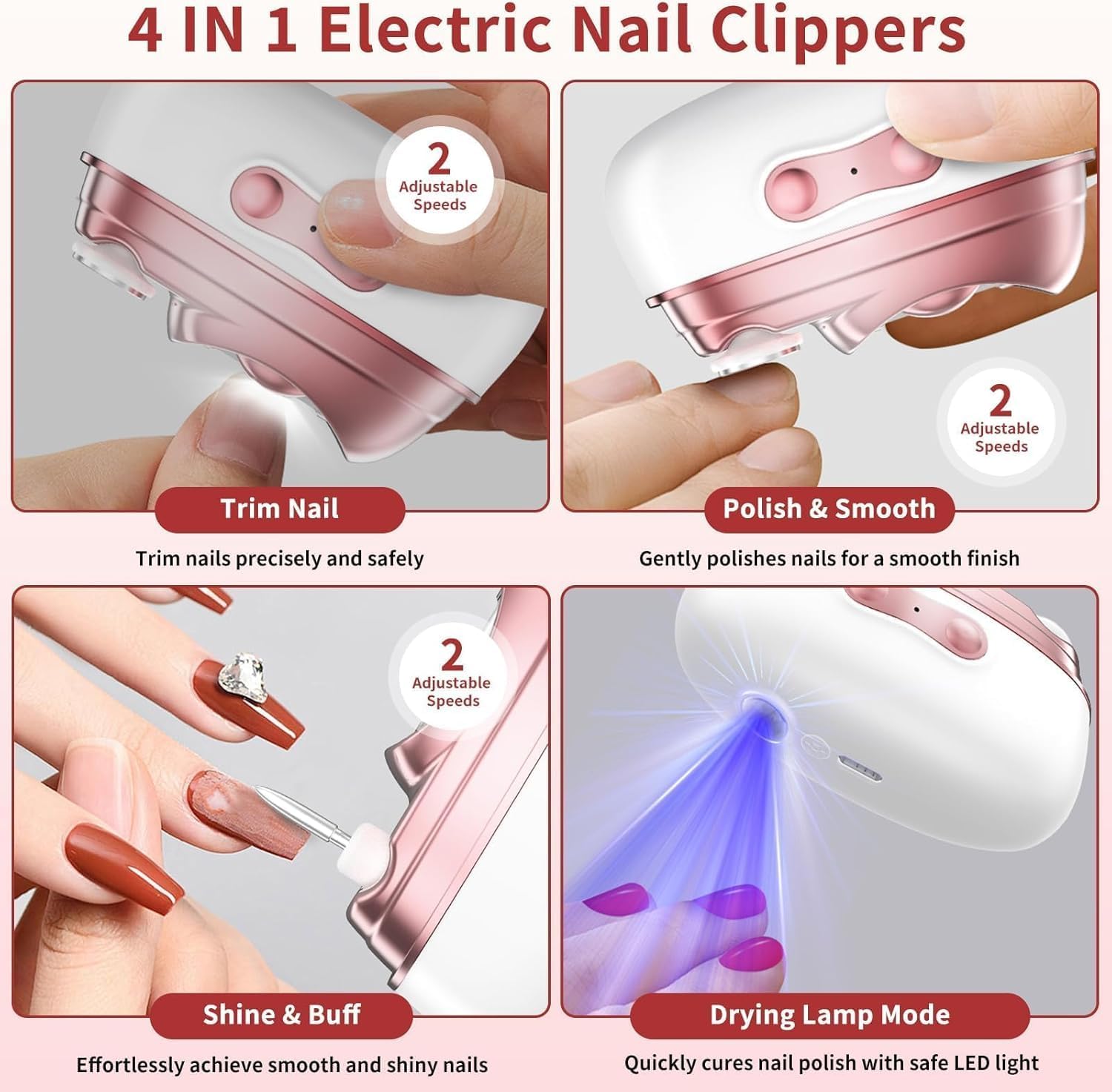 Electric Nail Clippers for Toenails Fingernail - 2026 4 in 1 Automatic Nail Trimmer with Nail File/Polishing/Gel Nail Light - USB Rechargeable for Baby/Kids/Adults/Seniors Thick Nails