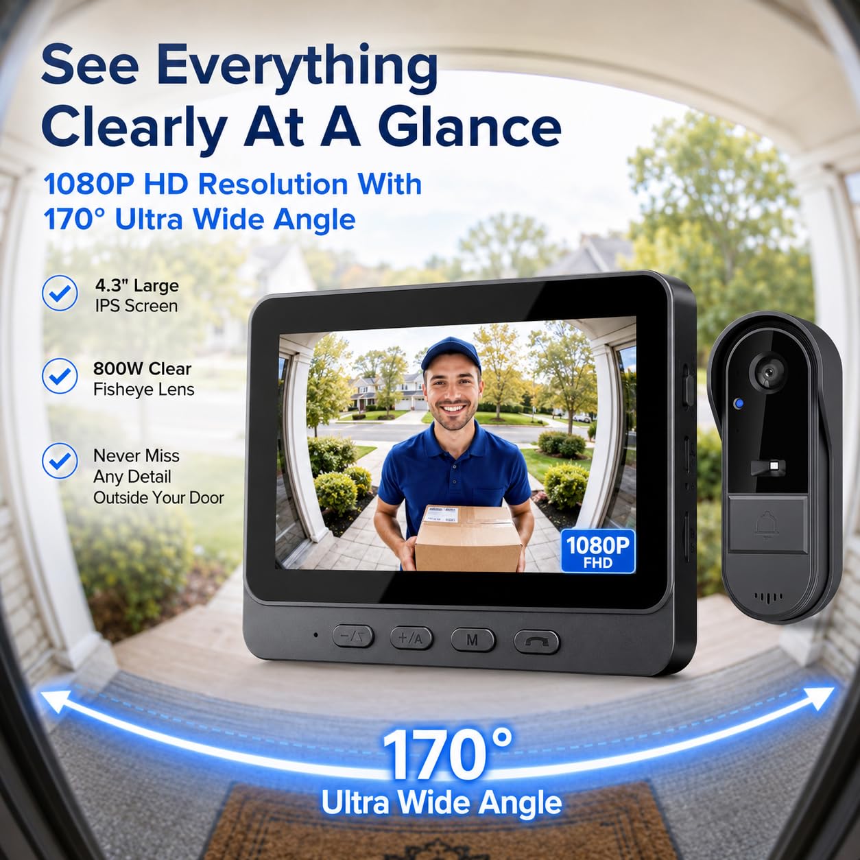 TKMARS Timbre Inalámbrico con Cámara para Exteriores IP67 Impermeable, Videoportero Inalambrico con 1080P Ultra Gran Angular de 170°, Video Portero con Pantalla IPS de 4,3 Pulgadas, sin WiFi ni App